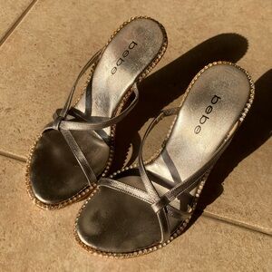 Bebe Metallic Silver Strappy Heels